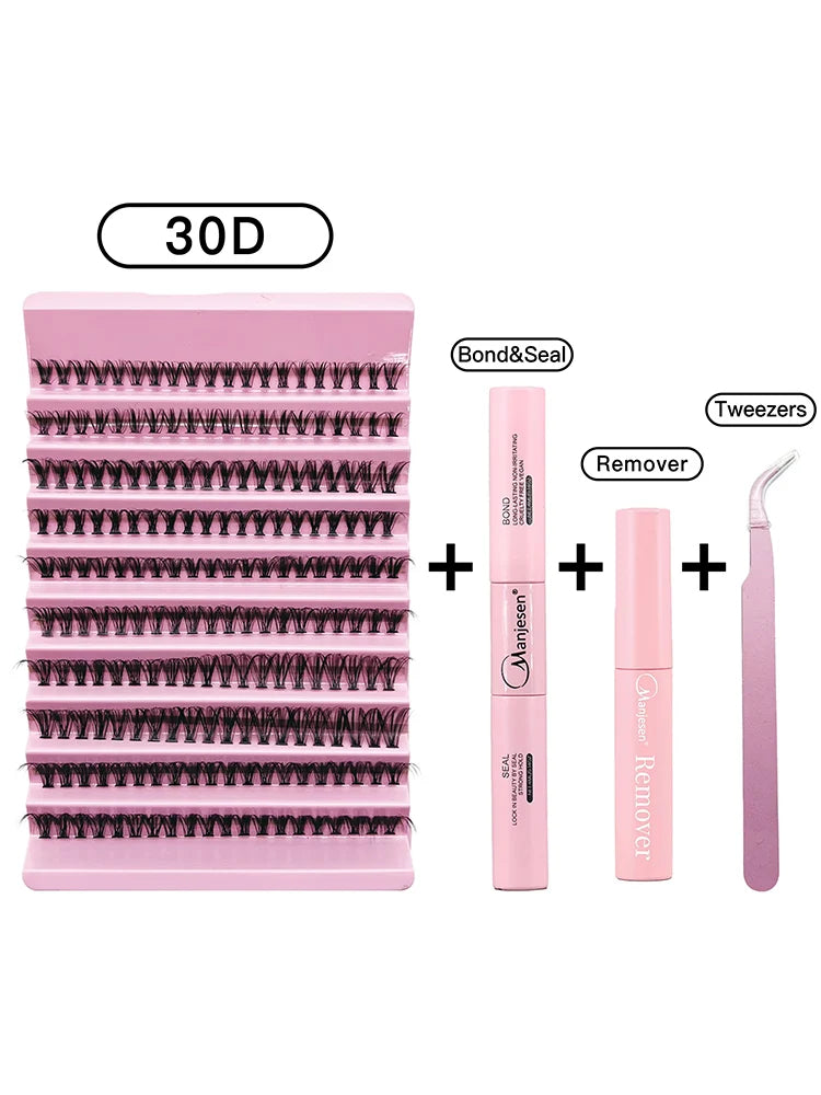 MAN’JE’SEN kit de extensión de pestañas de bricolaje – 200PCS cúmulos de lash con lash Bond & Seal, herramientas de maquillaje profesional para pegar pestañas