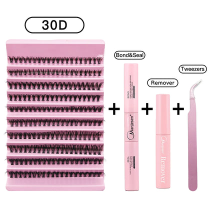 MAN’JE’SEN kit de extensión de pestañas de bricolaje – 200PCS cúmulos de lash con lash Bond & Seal, herramientas de maquillaje profesional para pegar pestañas