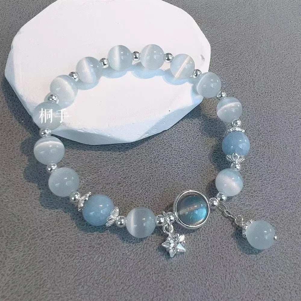 Niche diseño de la cadena de estrellas pulsera de borlas – Fantasía azul cuentas de cristal pulsera de cuerda elástica para las mujeres
