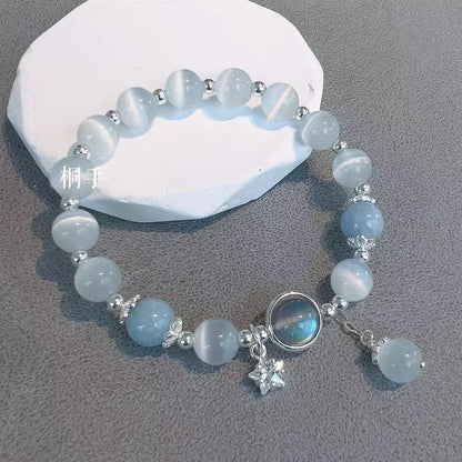 Niche diseño de la cadena de estrellas pulsera de borlas – Fantasía azul cuentas de cristal pulsera de cuerda elástica para las mujeres