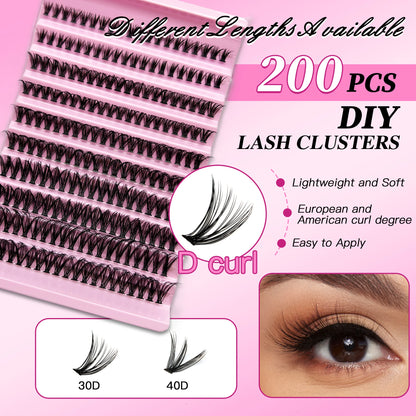 MAN’JE’SEN kit de extensión de pestañas de bricolaje – 200PCS cúmulos de lash con lash Bond & Seal, herramientas de maquillaje profesional para pegar pestañas