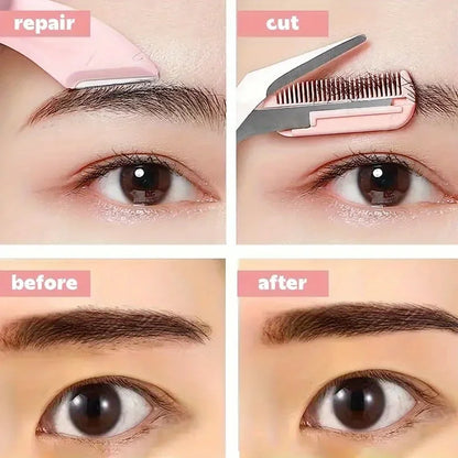 Juego de trimmer de cejas de 3 piezas – Tijeras de acero inoxidable, peineta y afeitadora para pestañas y maquillaje para principiantes, accesorios de eliminación de precisión