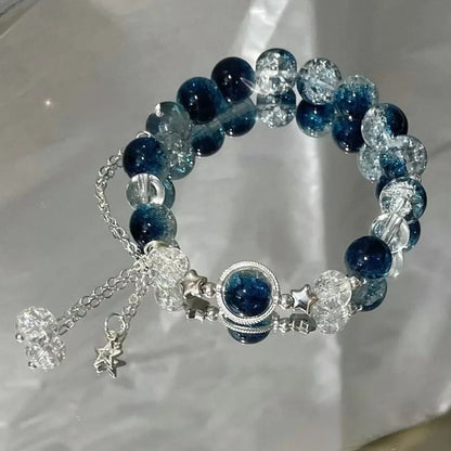 Niche diseño de la cadena de estrellas pulsera de borlas – Fantasía azul cuentas de cristal pulsera de cuerda elástica para las mujeres