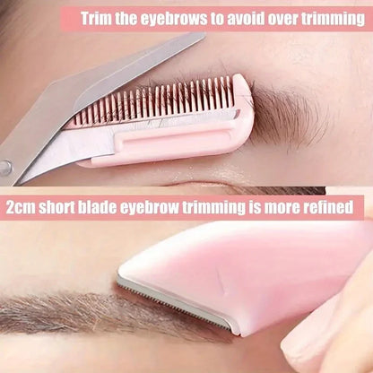 Juego de trimmer de cejas de 3 piezas – Tijeras de acero inoxidable, peineta y afeitadora para pestañas y maquillaje para principiantes, accesorios de eliminación de precisión