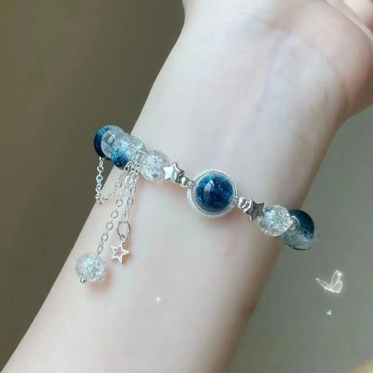 Niche diseño de la cadena de estrellas pulsera de borlas – Fantasía azul cuentas de cristal pulsera de cuerda elástica para las mujeres