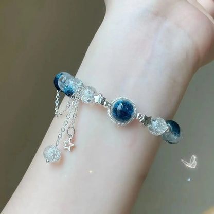 Niche diseño de la cadena de estrellas pulsera de borlas – Fantasía azul cuentas de cristal pulsera de cuerda elástica para las mujeres