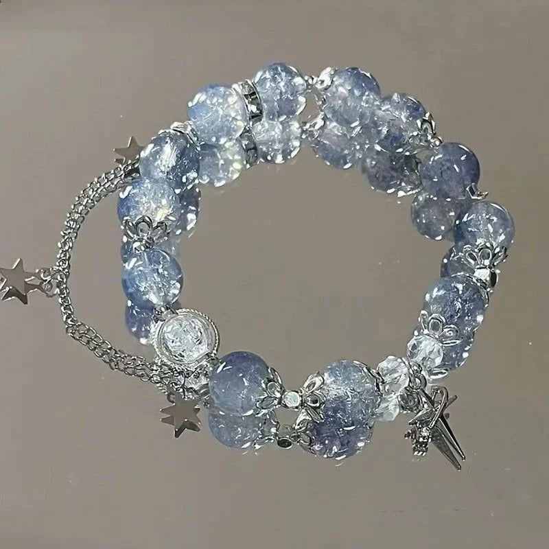 Niche diseño de la cadena de estrellas pulsera de borlas – Fantasía azul cuentas de cristal pulsera de cuerda elástica para las mujeres