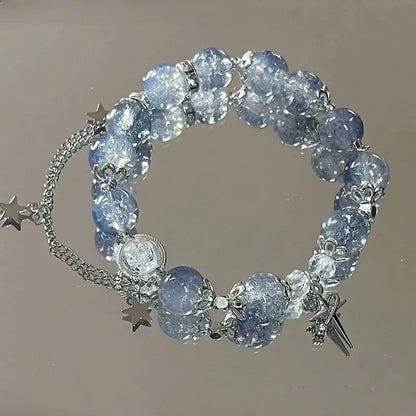 Niche diseño de la cadena de estrellas pulsera de borlas – Fantasía azul cuentas de cristal pulsera de cuerda elástica para las mujeres