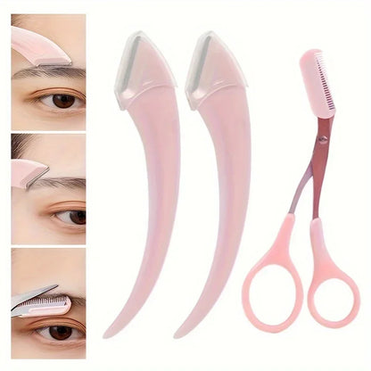 Juego de trimmer de cejas de 3 piezas – Tijeras de acero inoxidable, peineta y afeitadora para pestañas y maquillaje para principiantes, accesorios de eliminación de precisión