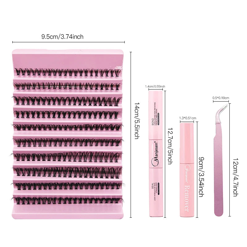 MAN’JE’SEN kit de extensión de pestañas de bricolaje – 200PCS cúmulos de lash con lash Bond & Seal, herramientas de maquillaje profesional para pegar pestañas