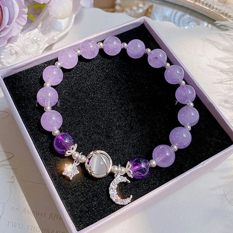 Niche diseño de la cadena de estrellas pulsera de borlas – Fantasía azul cuentas de cristal pulsera de cuerda elástica para las mujeres
