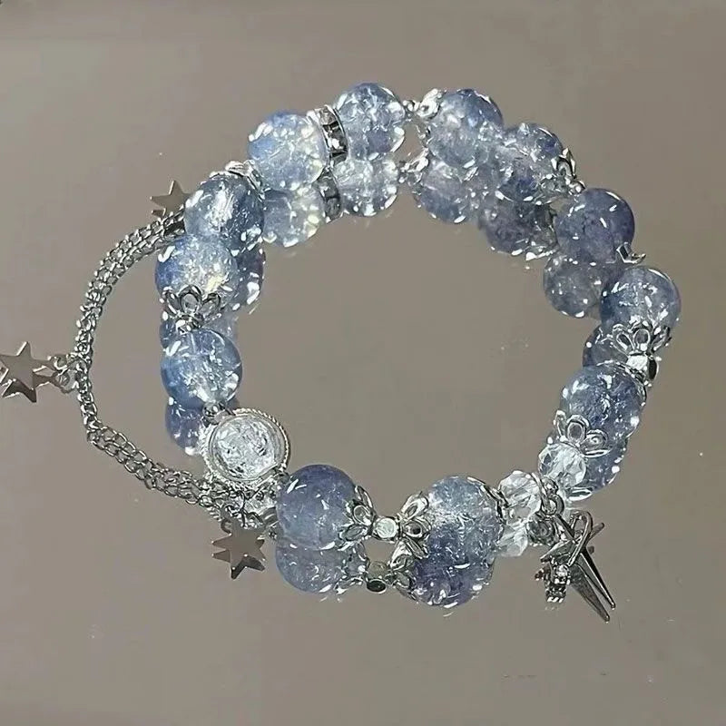 Niche diseño de la cadena de estrellas pulsera de borlas – Fantasía azul cuentas de cristal pulsera de cuerda elástica para las mujeres