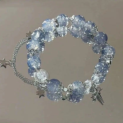 Niche diseño de la cadena de estrellas pulsera de borlas – Fantasía azul cuentas de cristal pulsera de cuerda elástica para las mujeres