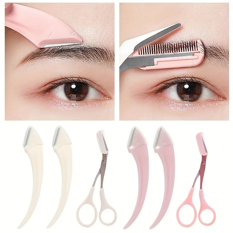 Juego de trimmer de cejas de 3 piezas – Tijeras de acero inoxidable, peineta y afeitadora para pestañas y maquillaje para principiantes, accesorios de eliminación de precisión